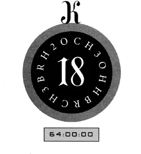 il numero 18, circondato da una lunga stringa di caratteri: CH3OHHBRCH3BRH2O. Tutt’intorno c’era un cerchio nero pieno che, a sua volta, era circondato da un altro cerchio azzurro più grande. Il tutto era sormontato da una K maiuscola.