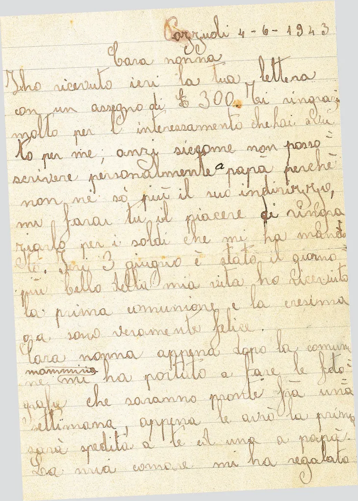4 giugno 1943, la mia letterina a nonna Sofia per ringraziarla di avermi fatto avere un assegno da papà.