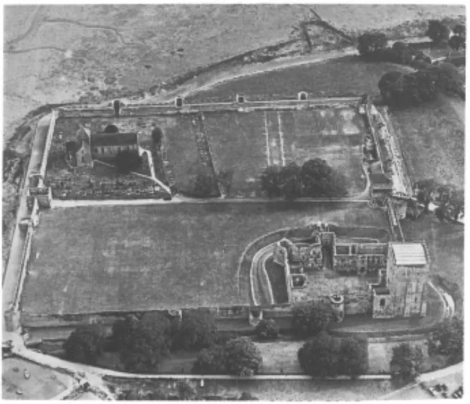 Photograph taken from the air of Portchester Castle, Hampshire, which was a Roman shore-fort where the stone walls required little subsequent maintenance to remain usable, like the circuit defences of many towns. Excavation has shown that the interior was used from the third century onwards, but whether it had a defensive role in the fifth century is not known; the only objects excavated are not ‘military’. Occupation of the sixth to eight centuries was not substantially different from that of other sites, but it was a burh and probably a thegn’s residence in the ninth to eleventh centuries, becoming the site of a castle. The lower part of the Water Gate leading out to the harbour is early Norman; the keep was built in three stages (the buttress tops show where its roof was originally). Next to the keep, a ruined hall complex provided the context for the entertainment and display expected of a fourteenth-century king. In one corner, Assheton’s Tower was a late fourteenth-century innovation for gunnery. The church is what remains of a twelfth-century Augustinian Priory, a frequent but usually unhappy combination with a castle – in this case, leading to relocation. Eighteenth- and nineteenth-century barrack blocks show up as parchmarks to the west of the church (Cunliffe 1976; Cunliffe and Munby 1985)