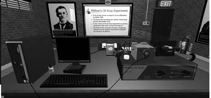 This is a screenshot of the simulation. It shows the main part of the apparatus which includes the chamber on the right. This has voltage and polarity controls. A webcam views the internal part of the chamber between the plates. The webcam is connected to a PC on the left, this displays the view of the camera. The power supply is behind the main part of the apparatus and to the left of this is a meter that records the voltage across the plates.