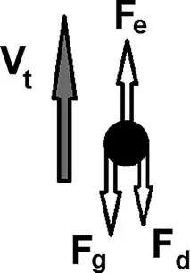 This shows a schematic of a polymer sphere with the electrical force pulling the sphere upwards and gravity and drag pulling the sphere downwards. An arrow indicates that the velocity of the sphere is upwards.