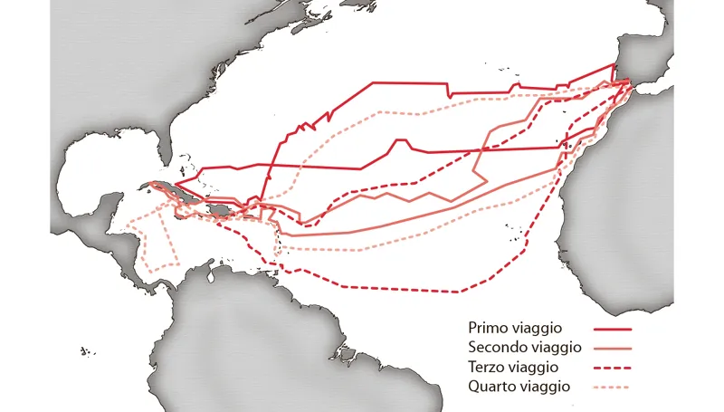 Le rotte dei primi quattro viaggi di Cristoforo Colombo.