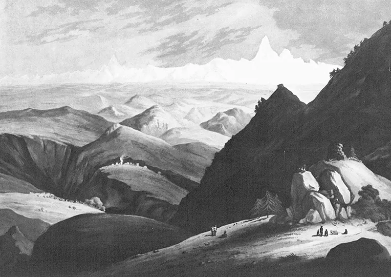 «Montagne del Tibet», in William Orme, Twenty-Four Views in Hindostan, 1805. Le montagne improbabilmente alte e puntute dello sfondo sembrano una barriera tanto al passaggio quanto all’immaginazione.