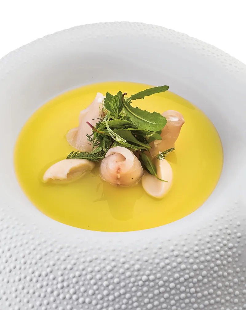 Branzino, caprino, mela verde e sedano rapa