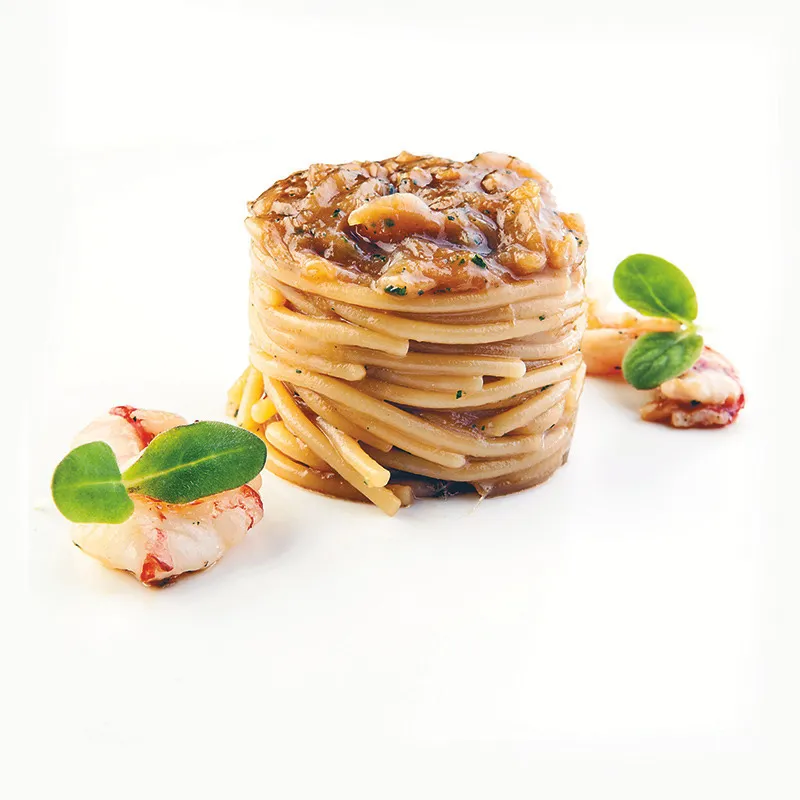 Spaghetti alla genovese con gamberi