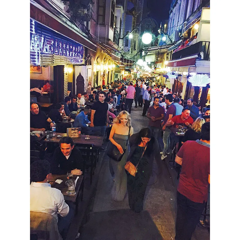 13. La movida notturna in una delle stradine che contornano il viale principale del quartiere di Beyoğlu: İstiklâl Caddesi (viale dell’Indipendenza). Una volta il nome del viale era Grande rue de Pera; era e resta la zona piú «occidentale» di Istanbul con un’atmosfera nettamente diversa dalla città antica che la fronteggia sulla riva opposta del Corno d’oro. Conserva l’antico nome del quartiere il non lontano Grand Hotel de Pera, celebre albergo caro ai viaggiatori d’un tempo, agli avventurieri, alle spie, agli autori di romanzi polizieschi.