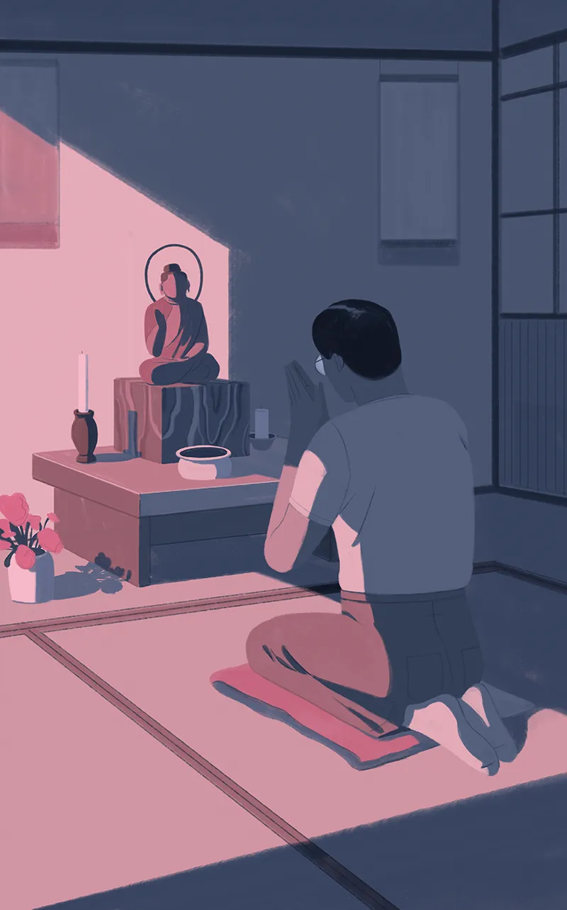 Illustrazione: adulto che preega davanti all’altare di Buddha