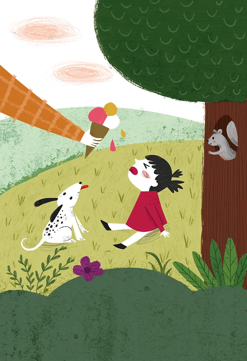 Illustrazione: su un prato una bambina, cui viene porto un gelato, urla accanto al suo cane. Dietro di lei un albero da cui sbuca uno scoiattolo grigio