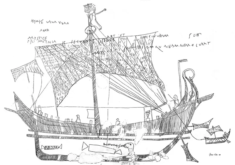Fig. 2. Il graffito dal peristilio della Casa della Nave Europa ci mostra una nave oneraria, le grandi navi per il commercio mediterraneo, chiamata Europa e con una scialuppa legata alla poppa.
