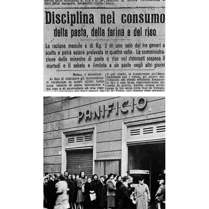 La pasta, il riso, il pane, l’olio, lo zucchero, il sapone, tutto viene progressivamente sottoposto a tesseramento. Le razioni sono insufficienti e la distribuzione è irregolare. Per questo quando viene annunciato l’arrivo della pasta si formano lunghe file di fronte ai negozi.