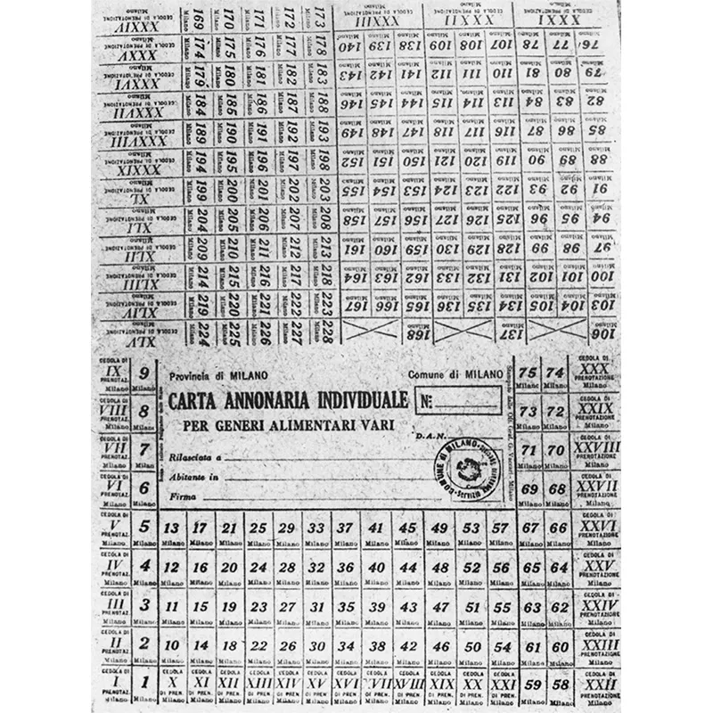 Una carta annonaria per generi alimentari. A ogni tagliando corrispondeva una certa quantità di riso, di pasta, di olio. Alla fine del 1941 venne introdotto il tesseramento anche per gli abiti, la stoffa, il filo da cucire.