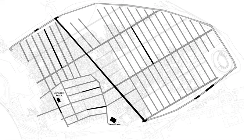 Fig. 1 Pompei arcaica, schema ipotetico della divisione urbana. In colore più scuro le direttrici viarie documentate da rinvenimenti archeologici.