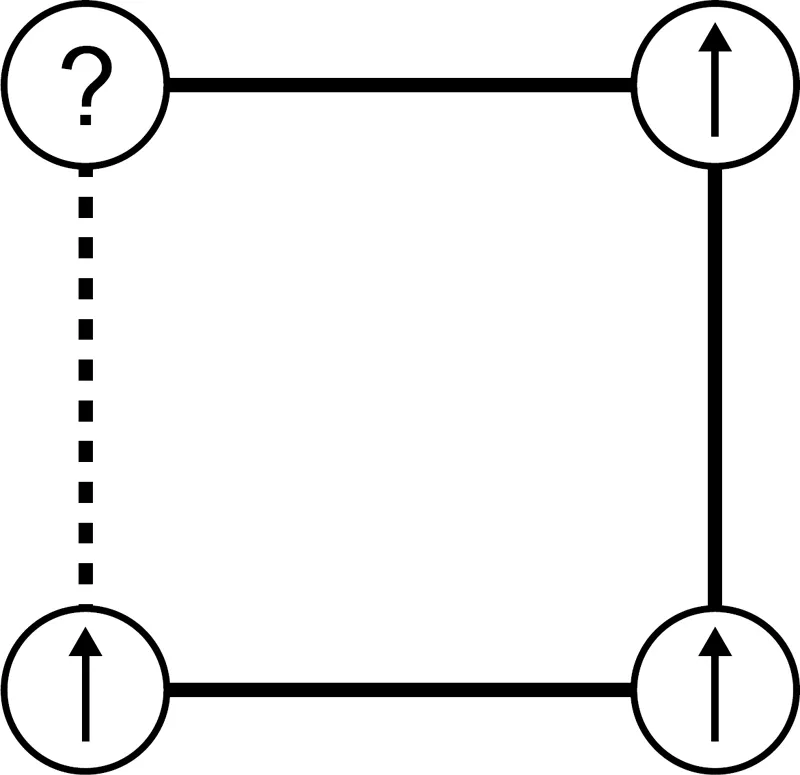 Figura 7. I tre legami riprodotti con la linea continua sono ferromagnetici, mentre quello riprodotto con la linea tratteggiata è antiferromagnetico.