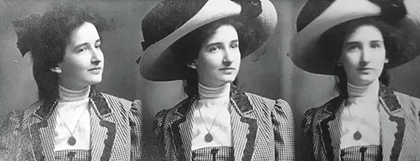black and white photo: triptych; left: three-qurter profile, without hat, bow in hair, white turtle neck with chain and pendant, and houndstooth jacket with puffed sleeves; centre: three-quarter profile, wearing large hat; right: facing camera, wearing large hat