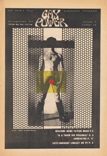  The title page of a magazine with the title “Gay Power” printed on the top. Underneath is a photograph of a naked man that is partially obstructed by geometrical forms. Below, the image is credited to “Robert Mapplethorpe.”