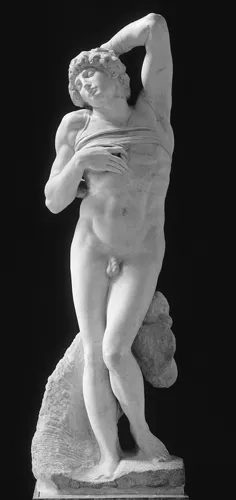  A marble statue of an upright, naked man. His eyes are closed, the head is tilted to the back and supported by his left arm while his right hand is placed on the right chest, below a robe that is fettered around his upper body.