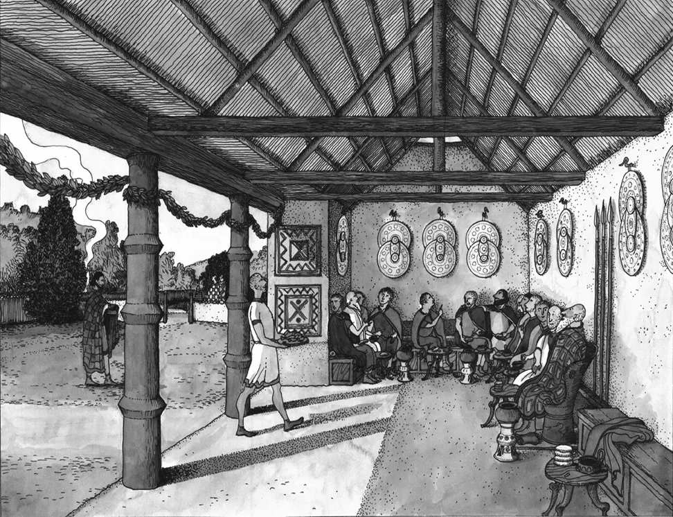 Fig. 10. La sala del banchetto nella casa del re, decorata con i dodici scudi e le aste sacre a Marte (R. Merlo).