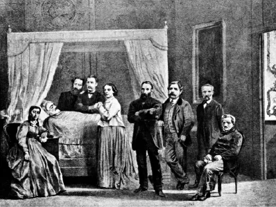 Giuseppe Mazzini sul letto di morte circondato da un gruppo di seguaci.