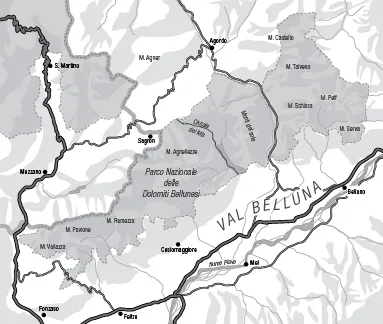 Cartina del Parco Nazionale delle Dolomiti Bellunesi.