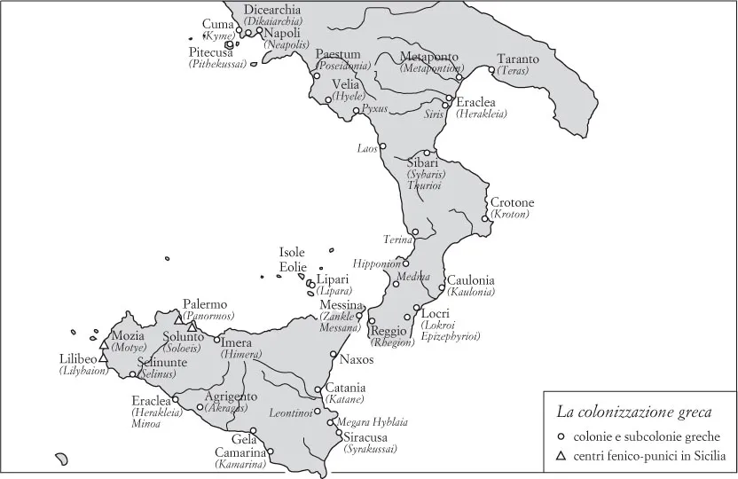 Cartina dell'Italia meridionale con le indicazioni della colonizzazione greca