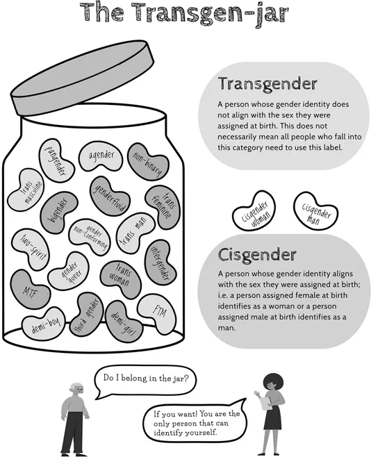Graphic of jar showing variations of transgener and cisgender and how people are the only ones who can identify themselves.