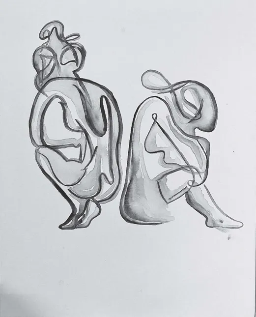 There are two abstract individuals seated with their backs to one another. The image is black and white
