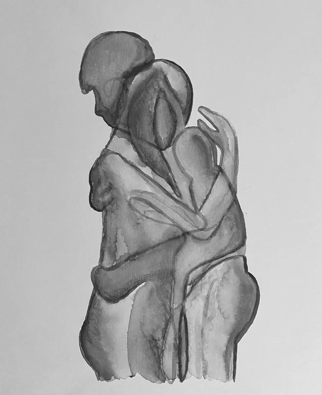 There are two abstract images of human beings sharing an embrace.