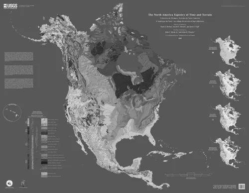Map that traces the earth’s development through the interrelation of rock type, topography, and time in North America. Continent-scale tectonic events are exposed in three dimensions of space with geologic time represented as a fourth dimension.