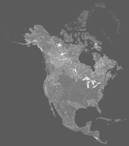 The map visualizes how different river systems in North America echo the position of the earth’s tectonic plates.