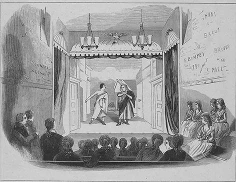 Two actors in ancient Roman costumes converse on a small stage. Above the stage is an awning, flanked by chandeliers, with an American eagle statue in the center. In the foreground, an audience of men watch with their backs to us. Women sit along the wall on the right. The audience wears formal eighteenth-century clothing with wigs.