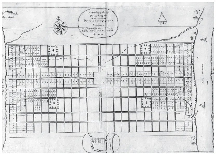 Image: Thomas Holme’s 1682 grid plan for Philadelphia. Note the regular interspersed parks and the central plaza. Physical planning of this nature precedes zoning by thousands of years. (Quaker & Special Collections, Haverford College)