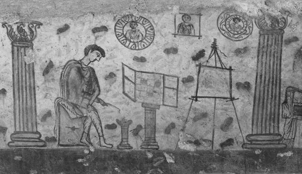 A drawing titled, A Painter at Work in his Studio. The drawing depicts a painter at work with paint, a brush, and a canvas. He is surrounded by columns and other works of art.