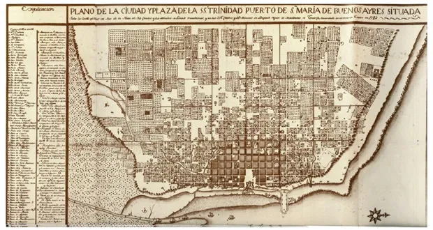1772. Plano de la ciudad y Plaza de la SS Trinidad Puerto de S. María de Buenos Ayres, situada sobre la costa del sur del Río de la Plata