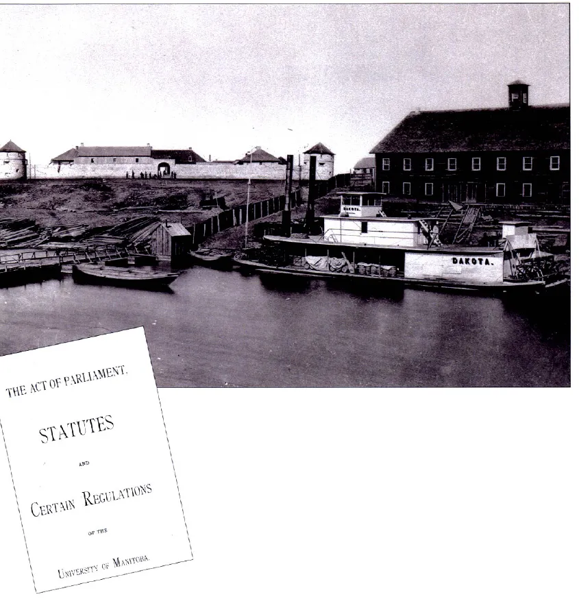 Photograph of the Upper Fort Garry bordering the Red River. Few multi-storey buildings, along with few silos seen on the shore.