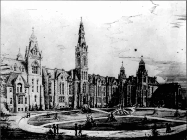 A sketch of a big university with different buildings for different departments. The main building has the tallest tower while the side ones have smaller towers but are identical. There is a huge garden in the centre in a round shape with small bushes, a round walking path and then trees all around. There are people at four intervals in pairs.