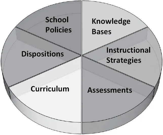 Colorful pie chart divided into six slices. Words on the slices are (beginning top right are knowledge bases, instructional strategies, assessments, curriculum, dispositions, and school policies.