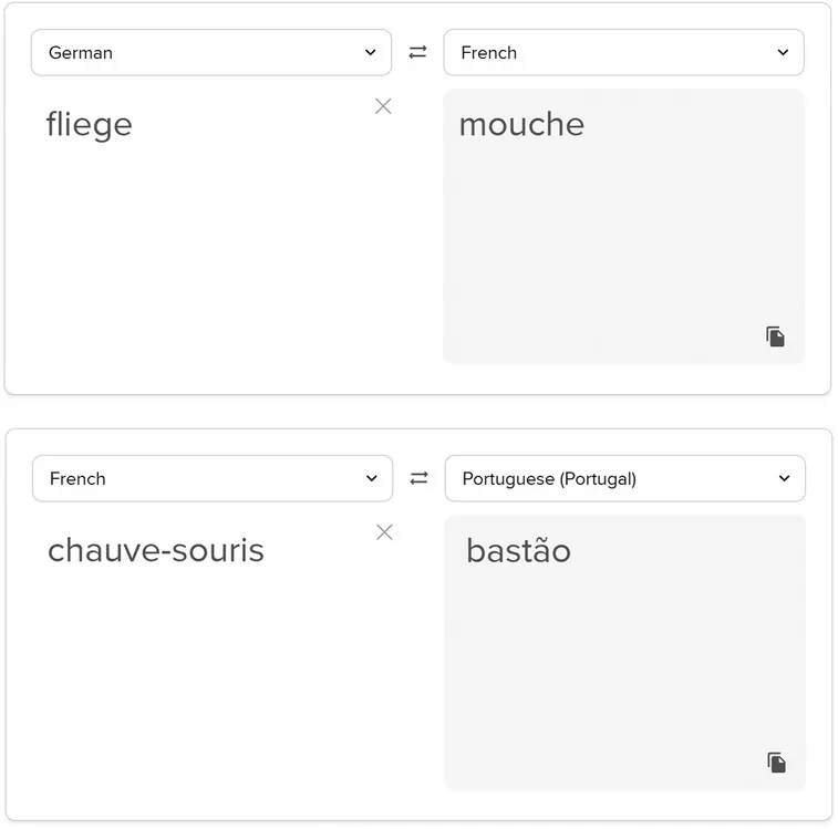 An MT engine shows two results: French “chauve-souris” is translated as “bastão” in Portuguese; German “Fliege” is translated as “mouche” in French.
