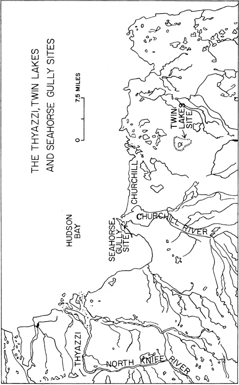 A black and white map shows Thyazzi, twin lakes and Seashore Gully Sites. The Sea Horse Gully is located on a peninsula forming the west site of the Churchill River, directly opposite the town of Churchill overlooking the Hudson Bay. The map also indicates the Twin Lakes site, Thyzaai and North Knife river.