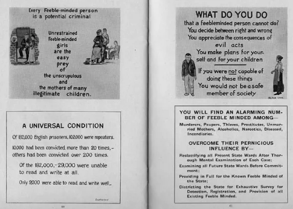These two pages of an undated report from the New Jersey Institution for Feebleminded Women describe individuals with intellectual disabilities as “feeble-minded” potential criminals who are unable to tell right from wrong.