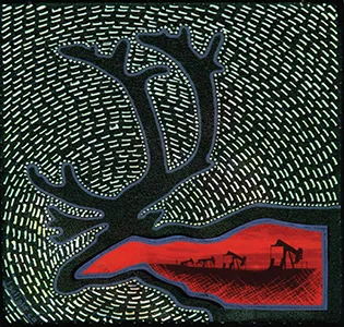 An illustration shows a silhouette of the body, head, and antlers of a deer against a black background that has a spiral of white dotted lines.