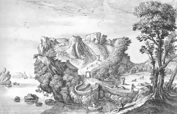 A painting of a landscape in which a promontory resembles the head of a man, lying face-up.