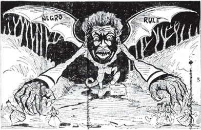 The Raleigh News and Observer’s depiction of black political participation as a monster sprung from the Fusion ballot box, September 27, 1898. Courtesy of the North Carolina Collection, Wilson Library, University of North Carolina at Chapel Hill.