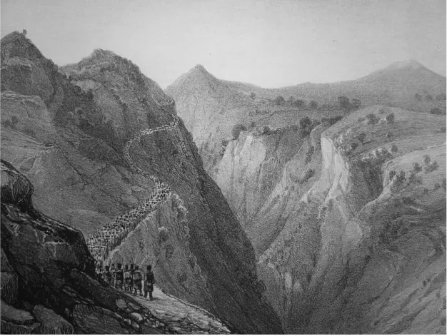 Figure 7. The traverse of the Atlas pass of Téniah (F. Col de Téniah) by the armée d’Afrique, commanded by General Bertrand Clauzel in November 1830, following its defeat of the Bey of Tittery’s force of eight thousand troops. Claude-Antoine Rozet, Voyage dans la Régence d’Alger ou Description du pays occupé par l’armée française en Afrique (Paris: Arthus Bertrand, Libraire-Éditeur, 1833), Atlas.