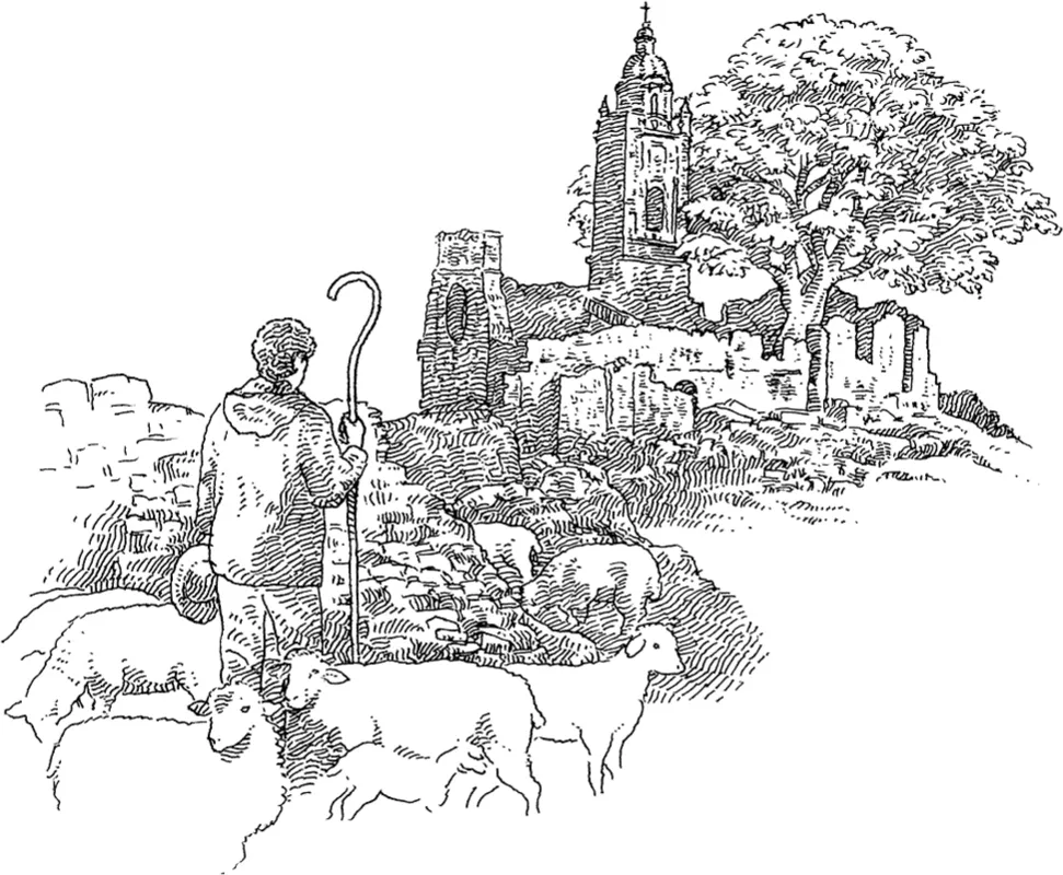 A black-and-white sketch shows the back view of Santiago holding his shepherd stick and standing in front of an abandoned church, with his herd of sheep.