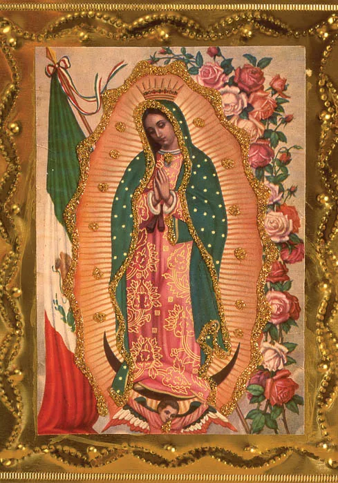Photo of Virgin of Mexico, hand-forged in a gold tin frame.