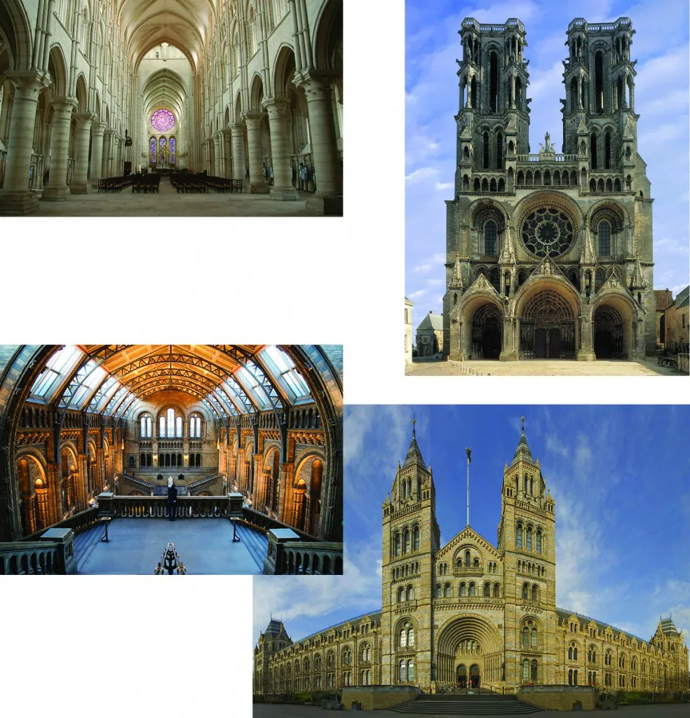 A conscious effort was made by the promoters of science like Thomas Henry Huxley to replace what they saw as their greatest rival, religion, especially the established Church of England. Consciously, natural history museums were modeled on Cathedrals, with the hope that instead of going to communion on Sunday morning families would go on Sunday afternoons to look at fossils and other fascinating and instructive objects. This picture has the medieval Cathedral of Laon in France on top and the British Museum (Natural History) on the bottom.