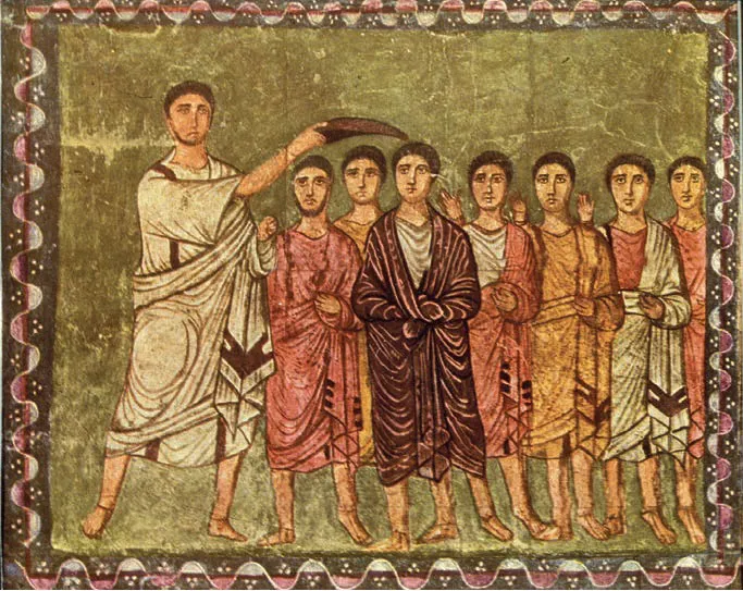 Our earliest picture of Jewish dress comes from the third-century synagogue of Dura-Europos on the Euphrates River, Syria. This fresco shows Samuel anointing David. But note how the dress is strictly Hellenistic and that no fringes are evident on the garments.