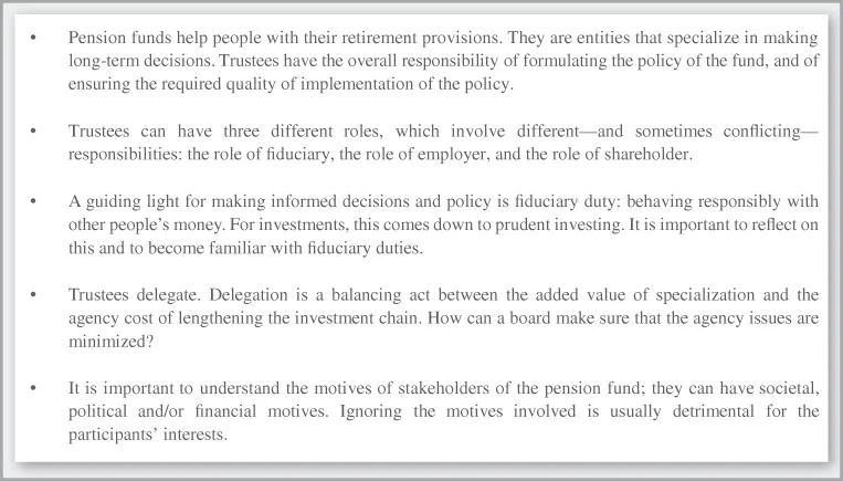 Chart summarizing the key points focusing on the pension fund and the role of its board of trustees in defining its goals and strategies.