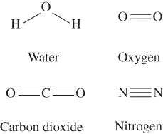 Illustration of structures of Water, Oxygen, Carbon dioxide, and Nitrogen.