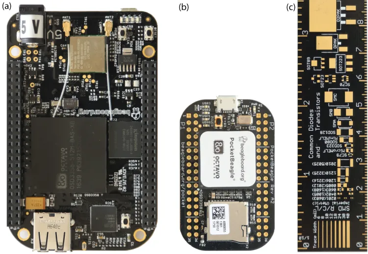 Pictures of (a) BeagleBone Black Wireless board, (b) PocketBeagle board, and (c) an Adafruit PCB Ruler board.